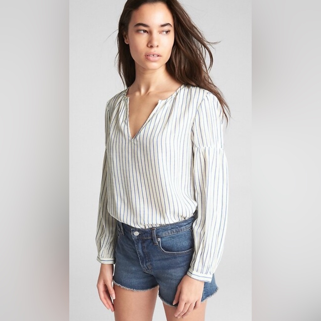 Gap Long Sleeve Stripe Split Neck Blouse